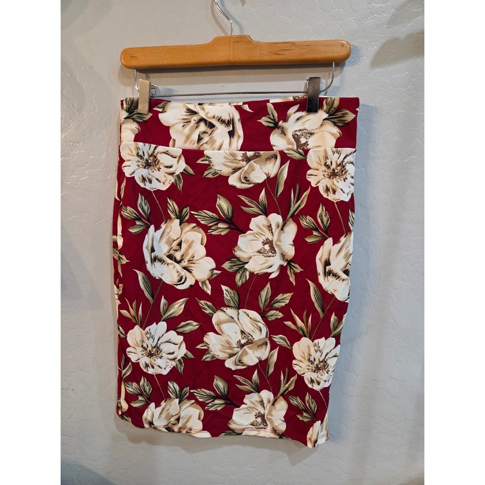 Emily Stacy Floral Pencil Skirt Red Cream Large Stretch Knee Length NEW Large
